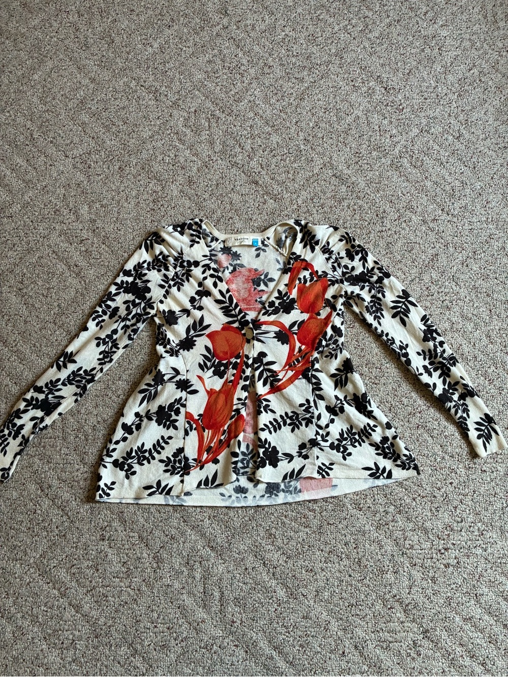 sparrow Cream Cardigan with Black Leaf Print and Red-Orange Floral Accents